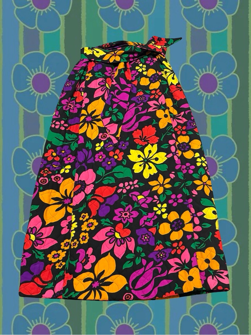 Vintage Black Floral Maxi Skirt with Pink, Yellow & Purple Blooms